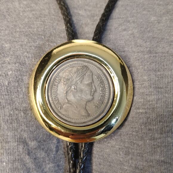 Vintage Napoleon Coin Bolo Tie Bola Tie Shoestring Necklace Gold Tone & Silver - Picture 1 of 12
